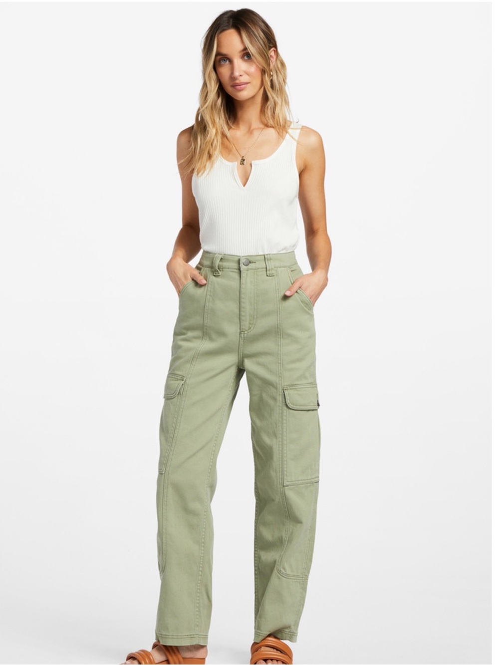 Billabong Wall To Wall Sage Olive High Rise Wide Leg Cargo Pants 29